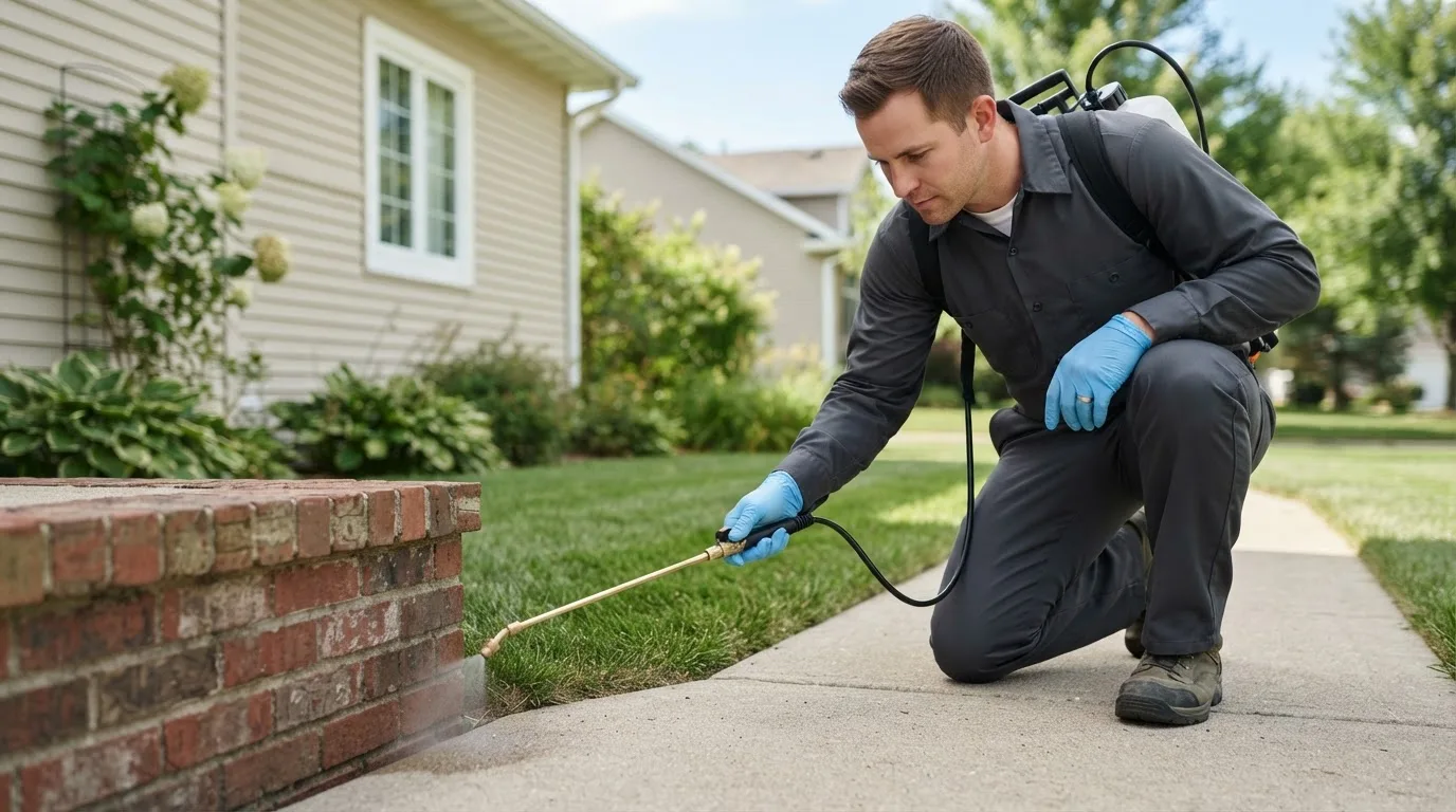 Pest control technician treating a home near Plainfield, IA