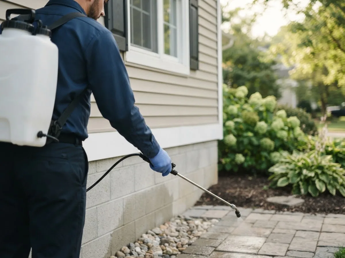Pest control technician inspecting a home in Plainfield, IA